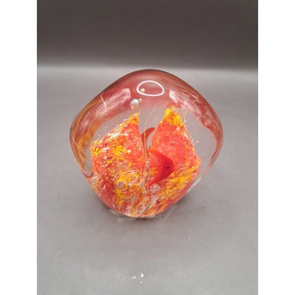 Modern Art Glass Paperweight Red Tropical Fish Coral Aquarium Desk Decor
